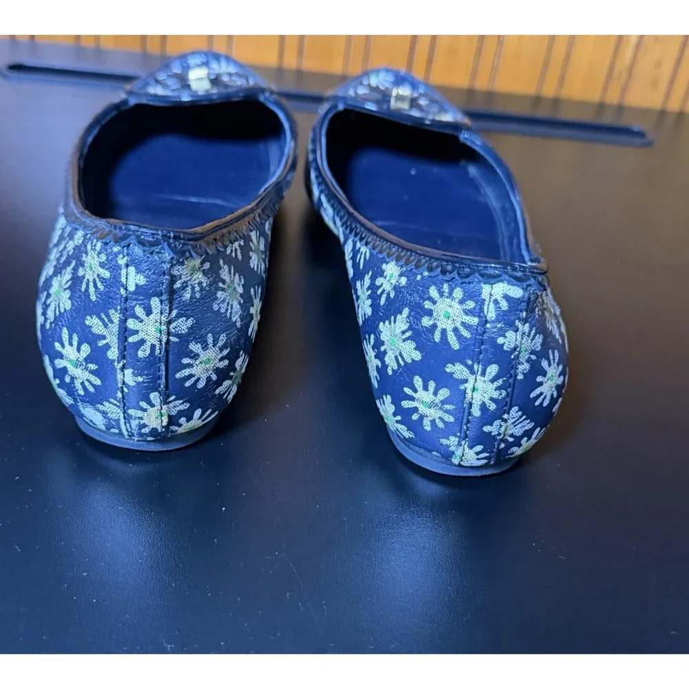 Tory Burch Reva Floral Print Ballet Flats Daisy Leather Women's Size 7 Logo